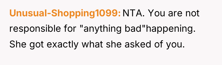 Unusual-Shopping1099 NTA. You are not responsible for "anything bad"happening. She...