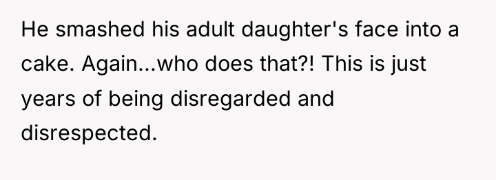 He smashed his adult daughter's face into a cake. Again...who...