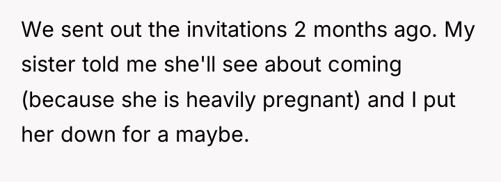 We sent out the invitations 2 months ago. My sister...
