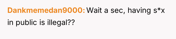 Dankmemedan9000 Wait a sec, having s*x in public is illegal??