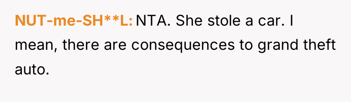 NUT-me-SH**L NTA. She stole a car. I mean, there are...