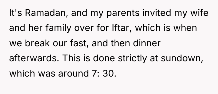 It's Ramadan, and my parents invited my wife and her...