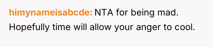 himynameisabcde NTA for being mad. Hopefully time will allow your...