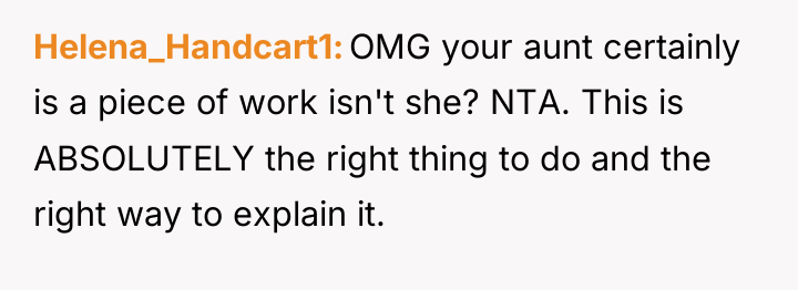 Helena_Handcart1 OMG your aunt certainly is a piece of work...