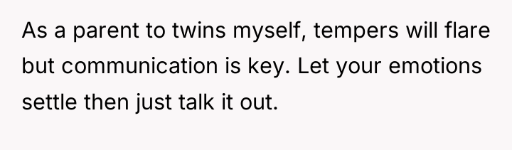 As a parent to twins myself, tempers will flare but...