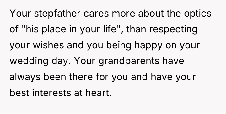 Your stepfather cares more about the optics of "his place...