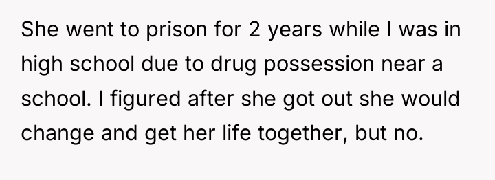She went to prison for 2 years while I was...