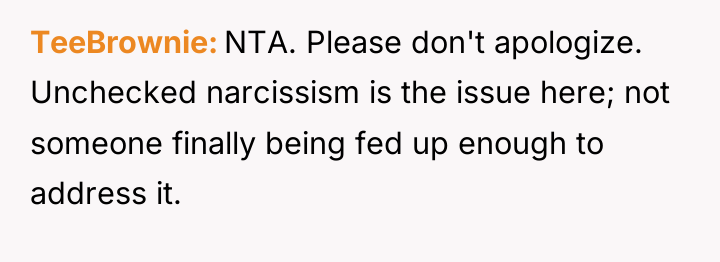 TeeBrownie NTA. Please don't apologize. Unchecked narcissism is the issue...