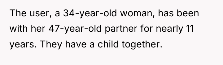 The user, a 34-year-old woman, has been with her 47-year-old...