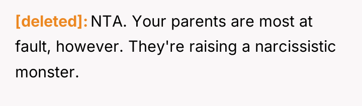[deleted] NTA. Your parents are most at fault, however. They're...