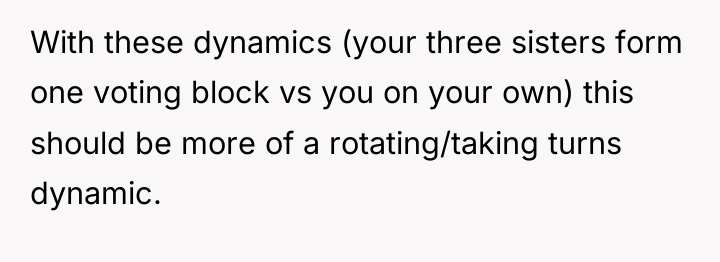 With these dynamics (your three sisters form one voting block...