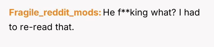 Fragile_reddit_mods He f**king what? I had to re-read that.