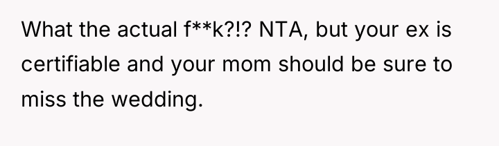 What the actual f**k?!? NTA, but your ex is certifiable...