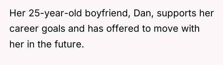 Her 25-year-old boyfriend, Dan, supports her career goals and has...