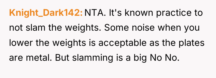 Knight_Dark142 NTA. It's known practice to not slam the weights....