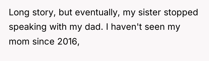Long story, but eventually, my sister stopped speaking with my...