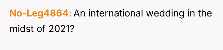 No-Leg4864 An international wedding in the midst of 2021?