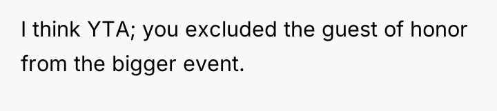 I think YTA; you excluded the guest of honor from...