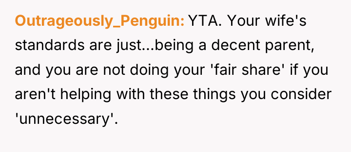 Outrageously_Penguin YTA. Your wife's standards are just...being a decent parent,...