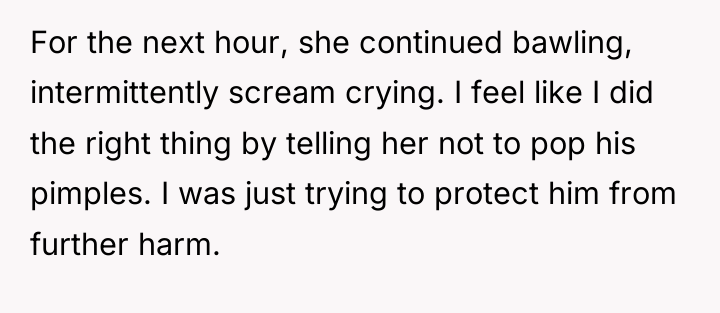 For the next hour, she continued bawling, intermittently scream crying....