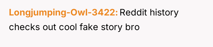 Longjumping-Owl-3422 Reddit history checks out cool fake story bro