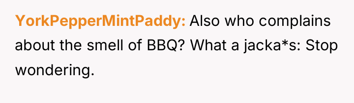 YorkPepperMintPaddy Also who complains about the smell of BBQ? What...