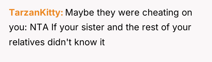 TarzanKitty Maybe they were cheating on you: NTA If your...