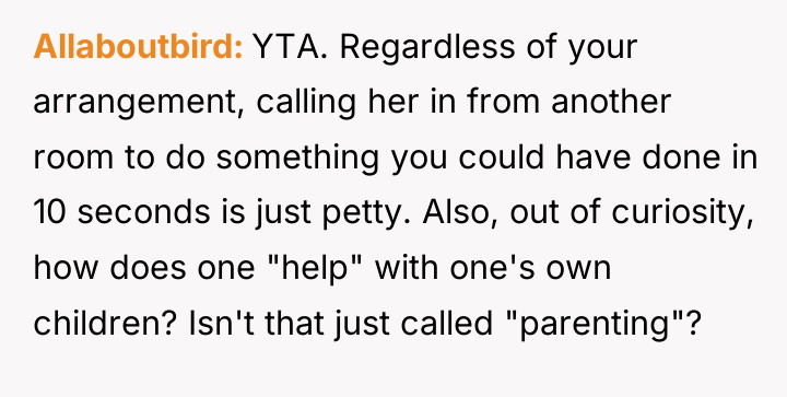 Allaboutbird YTA. Regardless of your arrangement, calling her in from...