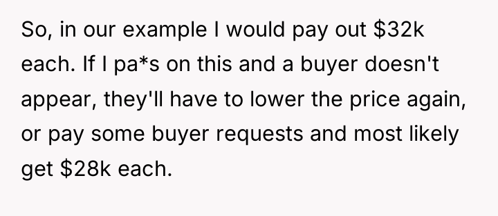 So, in our example I would pay out $32k each....