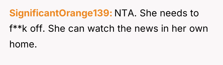 SignificantOrange139 NTA. She needs to f**k off. She can watch...