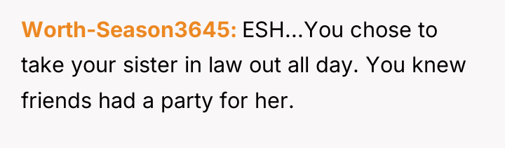 Worth-Season3645 ESH...You chose to take your sister in law out...