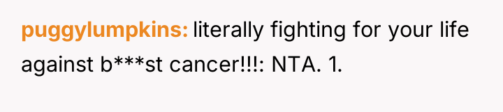 puggylumpkins literally fighting for your life against b***st cancer!!!: NTA....