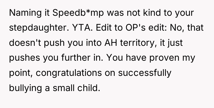 Naming it Speedb*mp was not kind to your stepdaughter. YTA....