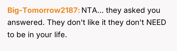 Big-Tomorrow2187 NTA... they asked you answered. They don't like it...