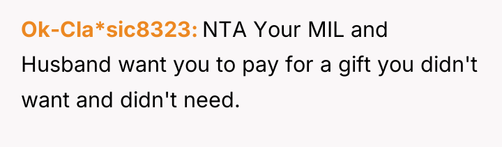 Ok-Cla*sic8323 NTA Your MIL and Husband want you to pay...