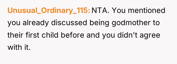 Unusual_Ordinary_115 NTA. You mentioned you already discussed being godmother to...