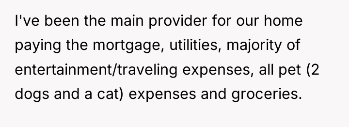 I've been the main provider for our home paying the...