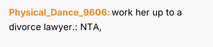 Physical_Dance_9606 work her up to a divorce lawyer.: NTA,