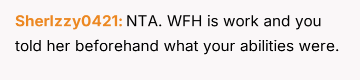 SherIzzy0421 NTA. WFH is work and you told her beforehand...