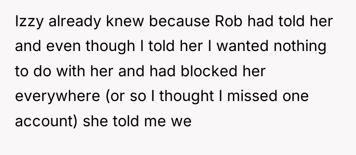 Izzy already knew because Rob had told her and even...