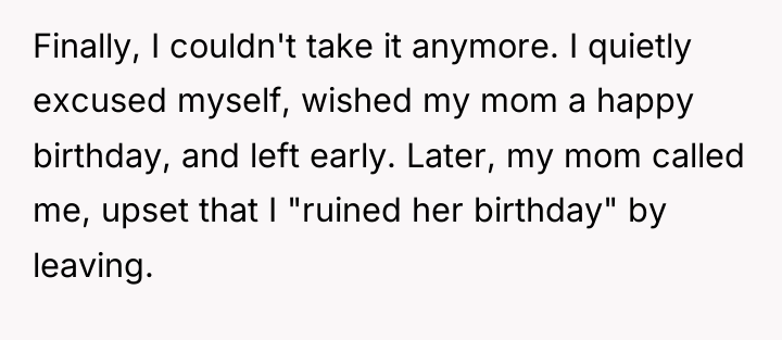 Finally, I couldn't take it anymore. I quietly excused myself,...