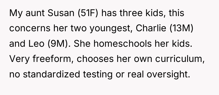 My aunt Susan (51F) has three kids, this concerns her...