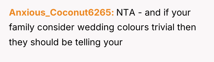 Anxious_Coconut6265 NTA - and if your family consider wedding colours...