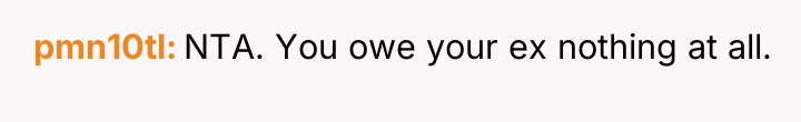 pmn10tl NTA. You owe your ex nothing at all.