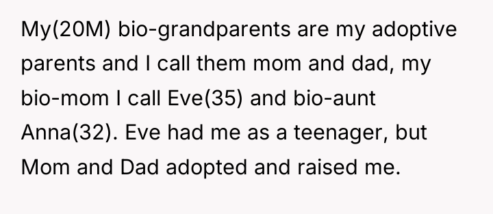 My(20M) bio-grandparents are my adoptive parents and I call them...