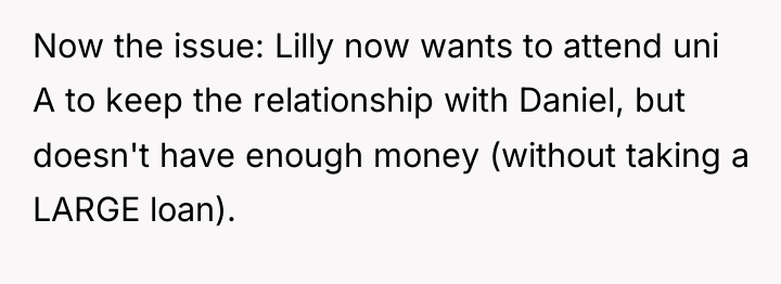 Now the issue: Lilly now wants to attend uni A...