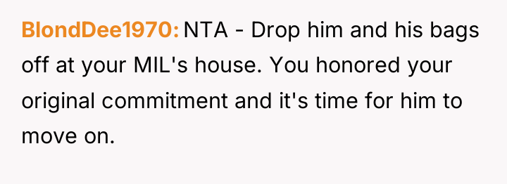 BlondDee1970 NTA - Drop him and his bags off at...