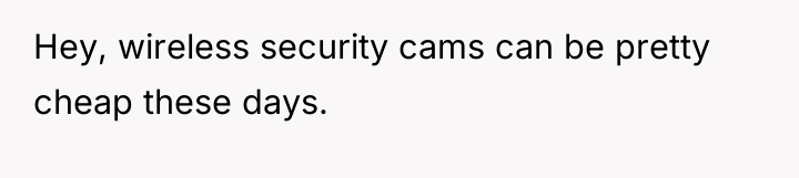 Hey, wireless security cams can be pretty cheap these days.