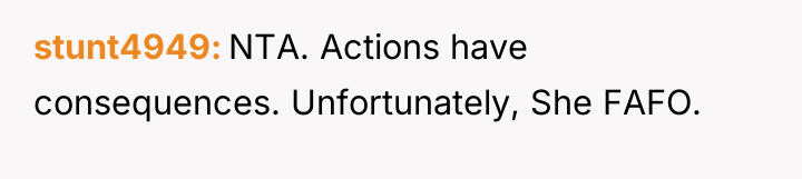 stunt4949 NTA. Actions have consequences. Unfortunately, She FAFO.