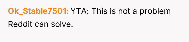 Ok_Stable7501 YTA: This is not a problem Reddit can solve.